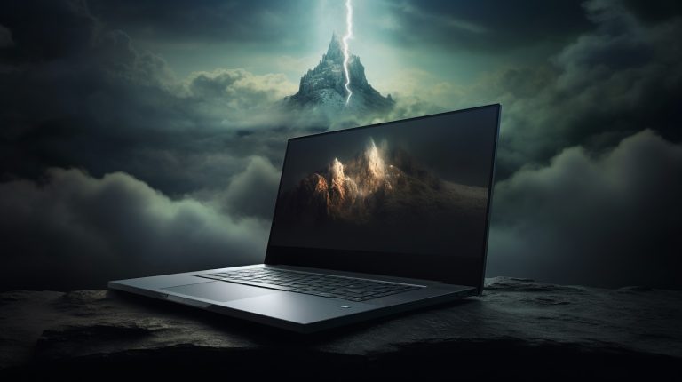 futuristic laptop dark clouds